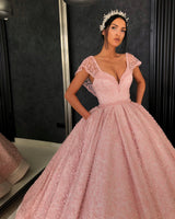 Ball Gown V-neck Floor Length Organza Beaded Crochet Flower Prom Dress-showprettydress