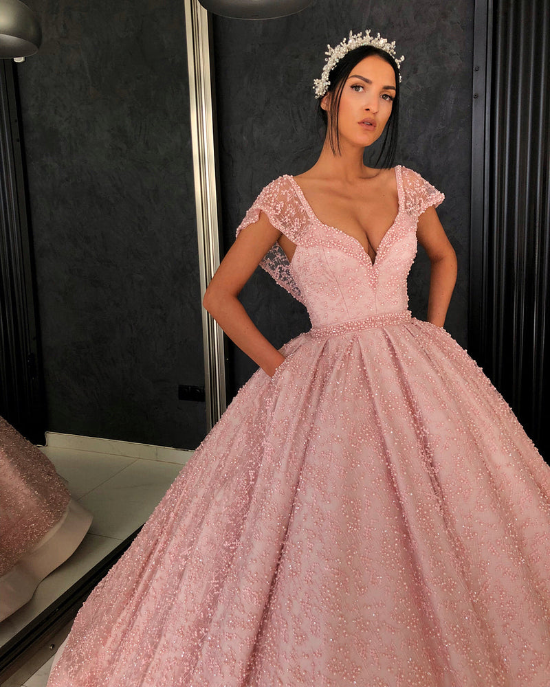 Ball Gown V-neck Floor Length Organza Beaded Crochet Flower Prom Dress-showprettydress