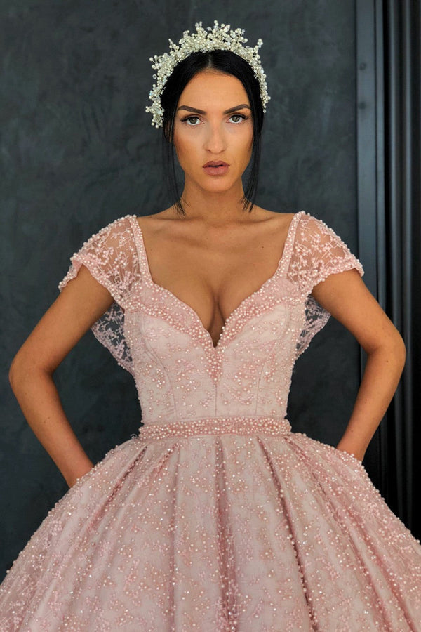 Ball Gown V-neck Floor Length Organza Beaded Crochet Flower Prom Dress-showprettydress