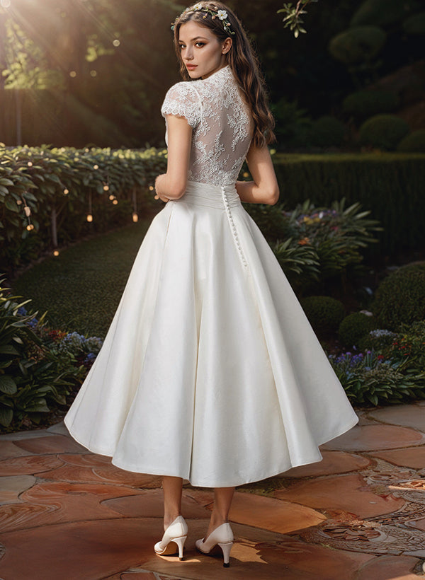 Ball-Gown V-Neck Short Sleeves Tea-Length Lace Satin Wedding Dresses-Showprettydress