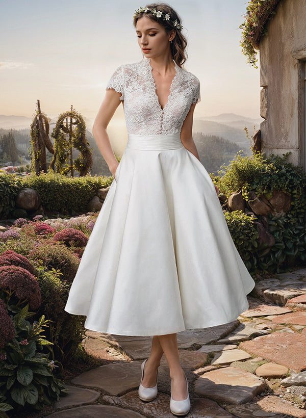 Ball-Gown V-Neck Short Sleeves Tea-Length Lace Satin Wedding Dresses-Showprettydress