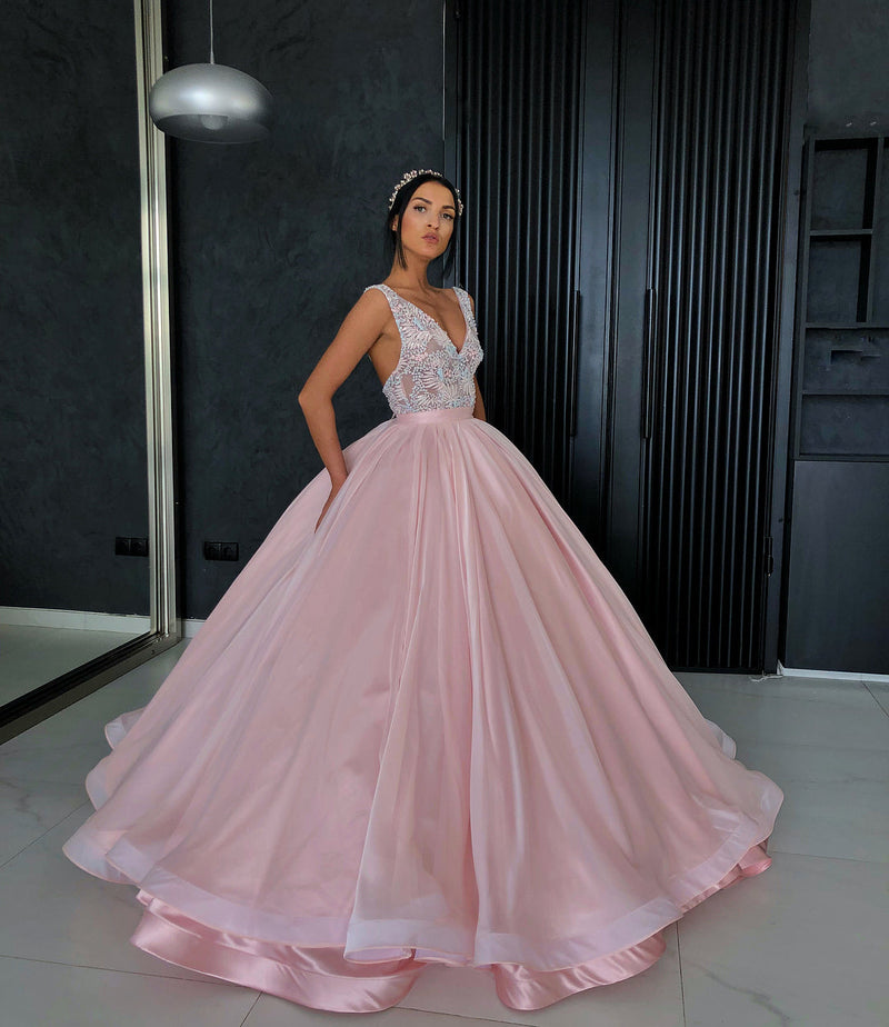 Ball Gown V-neck Wide Strap Floor Length Organza Beaded Prom Dress-showprettydress