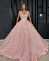 Ball Gown V-neck Wide Strap Floor Length Organza Beaded Prom Dress-showprettydress