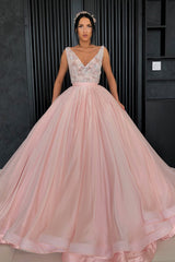 Ball Gown V-neck Wide Strap Floor Length Organza Beaded Prom Dress-showprettydress