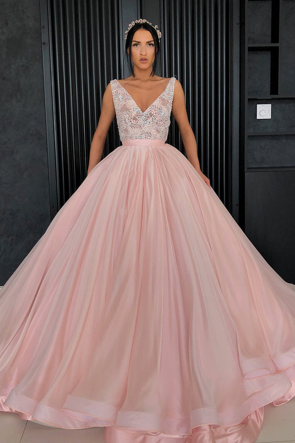 Ball Gown V-neck Wide Strap Floor Length Organza Beaded Prom Dress-showprettydress