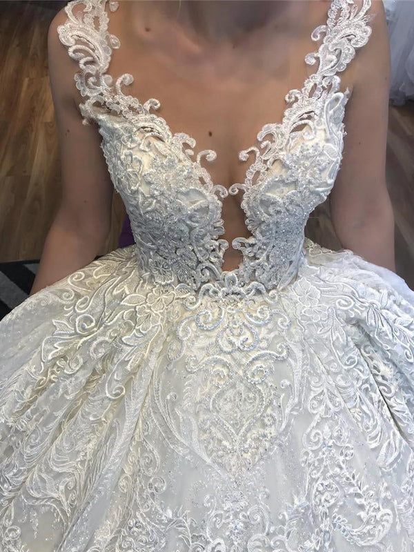 Ball Gown V-neck Wide Strap Floor Length Tulle Applique Lace Wedding Dress-showprettydress