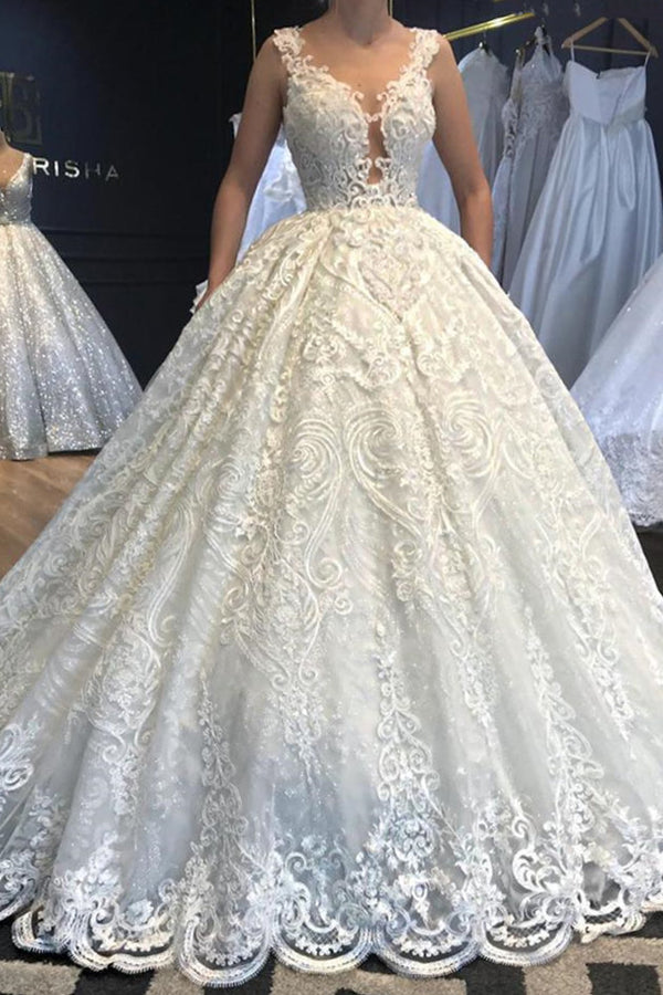 Ball Gown V-neck Wide Strap Floor Length Tulle Applique Lace Wedding Dress-showprettydress