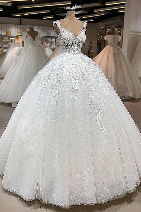 Ball Gown V-neck Wide Strap Floor Length Tulle Applique Wedding Dress-showprettydress