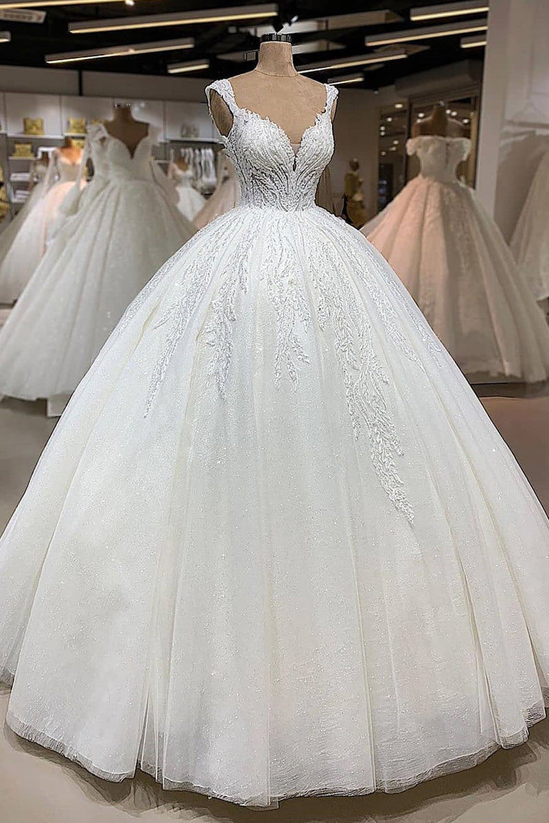 Ball Gown V-neck Wide Strap Floor Length Tulle Applique Wedding Dress ...