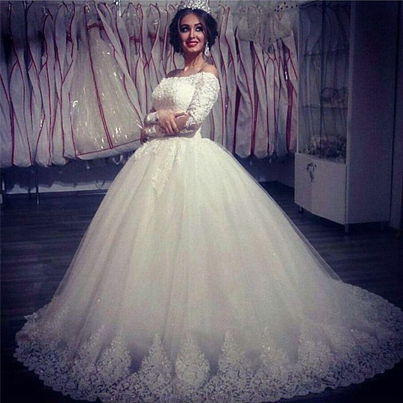 Ball Gown Wedding Dresses Long Sleevess Off the ShoulderHigh Quality Bridal Gowns-showprettydress