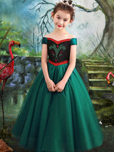Bateau Neck Tulle Short Sleeves Tea Length Princess Studded Formal Kids Pageant flower girl dresses-showprettydress