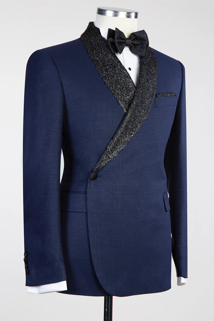 Side One-Button Sparkling Black Lapel Navy Blue Men's Suit
