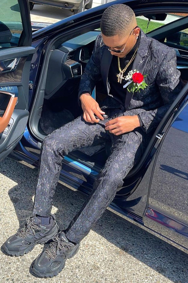 Black Jacquard Peaked Lapel Prom Suit