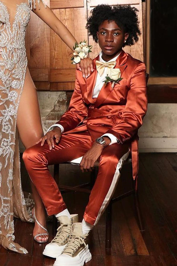 Caramel Peaked Lapel Double-Breasted Prom Suit with Belt