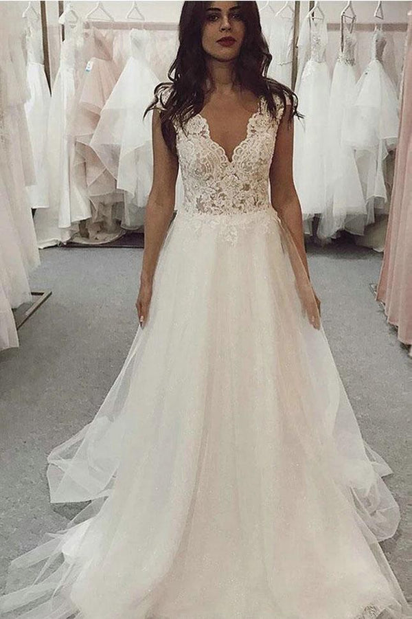 Beach Ivory Long A Line V Neck Tulle Lace Wedding Dress-showprettydress