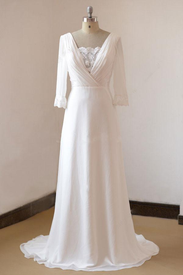 Beach Long A-line Chiffon Backless Wedding Dress with Sleeves-showprettydress