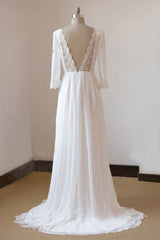 Beach Long A-line Chiffon Backless Wedding Dress with Sleeves-showprettydress