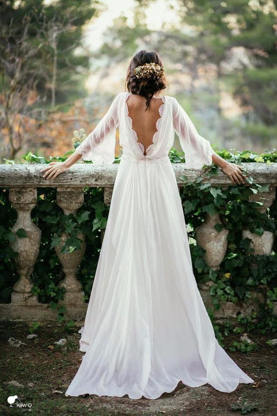Beach Long A-line Chiffon Backless Wedding Dress with Sleeves-showprettydress