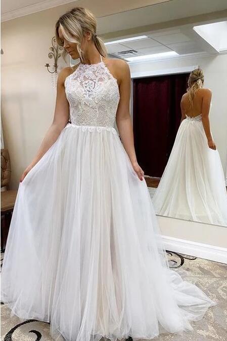 Beach Long A Line Halter Tulle Lace Backless Wedding Dress-showprettydress