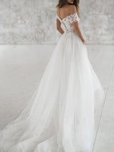 Beach Long A-Line Off the Shoulder Lace Tulle Wedding Dresses-showprettydress