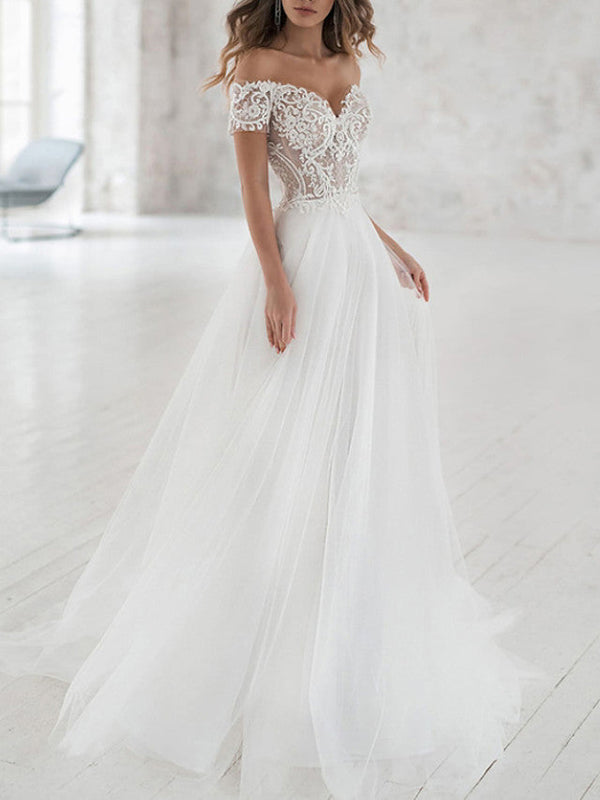 Beach Long A-Line Off the Shoulder Lace Tulle Wedding Dresses-showprettydress