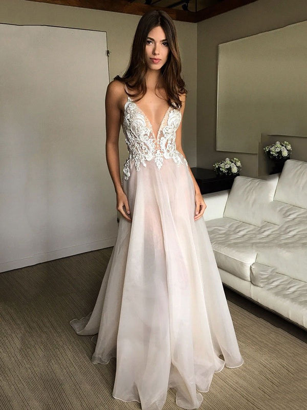 Beach Long A-line V-neck Spaghetti Straps Lace Appliqued Wedding Dress-showprettydress