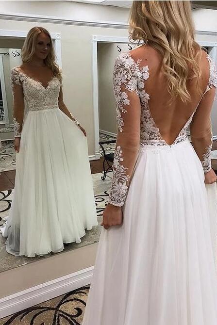 Beach Long A Line V Neck Tulle Backless Wedding Dress with Sleeves-showprettydress