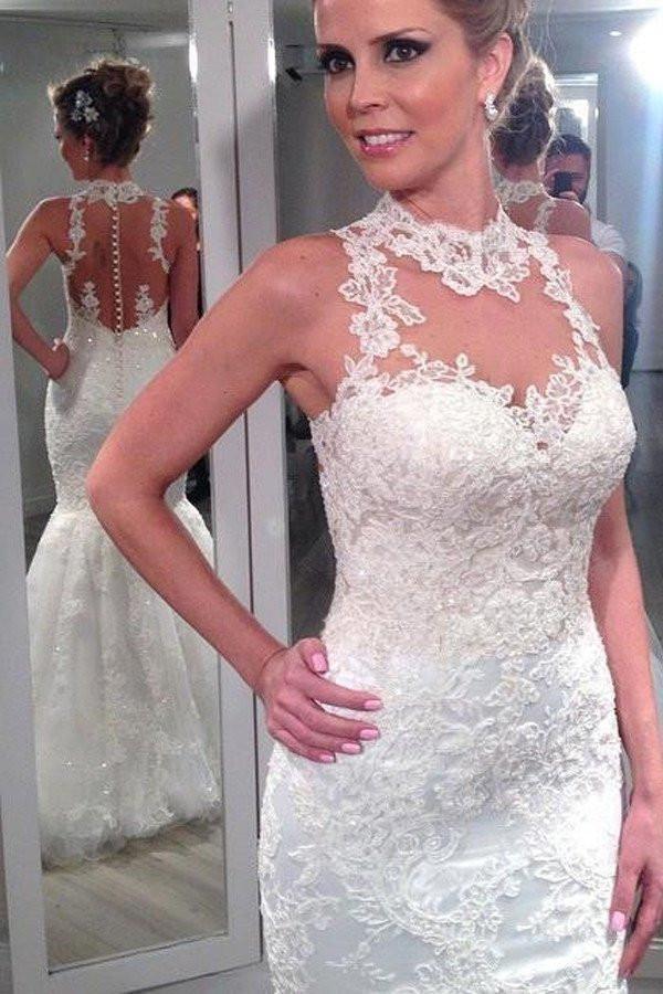 Beach Long Mermaid High Neck Backless Lace Wedding Dress-showprettydress