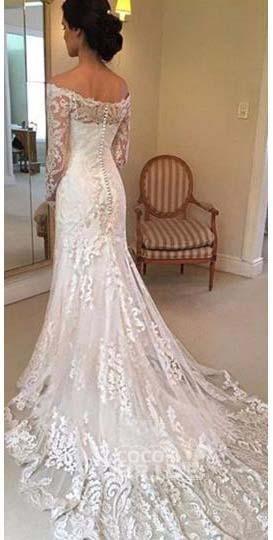 Beach Long Sleeves Off the Shoulder Mermaid Lace White Wedding Dress-showprettydress