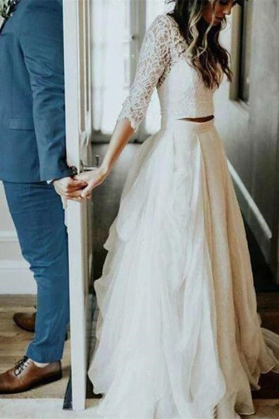 Beach Two pieces Lace sleeves Summer Beach Wedding Dress-showprettydress
