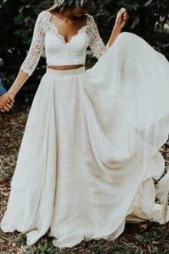Beach Two pieces Lace sleeves Summer Beach Wedding Dress-showprettydress
