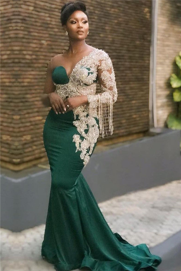 Beaded Chiffon Green Long Mermaid Prom Dress One Shoulder With Long Sleeve On One Side-showprettydress