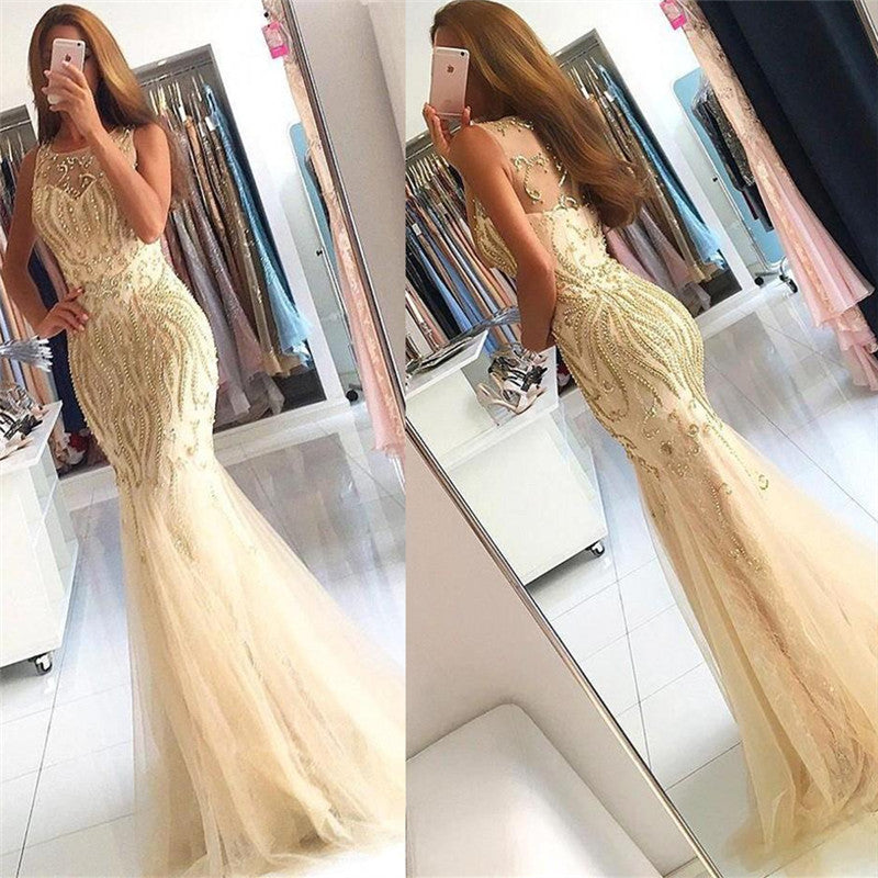 Beaded Crystals Mermaid Tulle Chic Evening Gown Champagne Affordable Prom Party Gowns-showprettydress