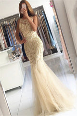 Beaded Crystals Mermaid Tulle Chic Evening Gown Champagne Affordable Prom Party Gowns-showprettydress