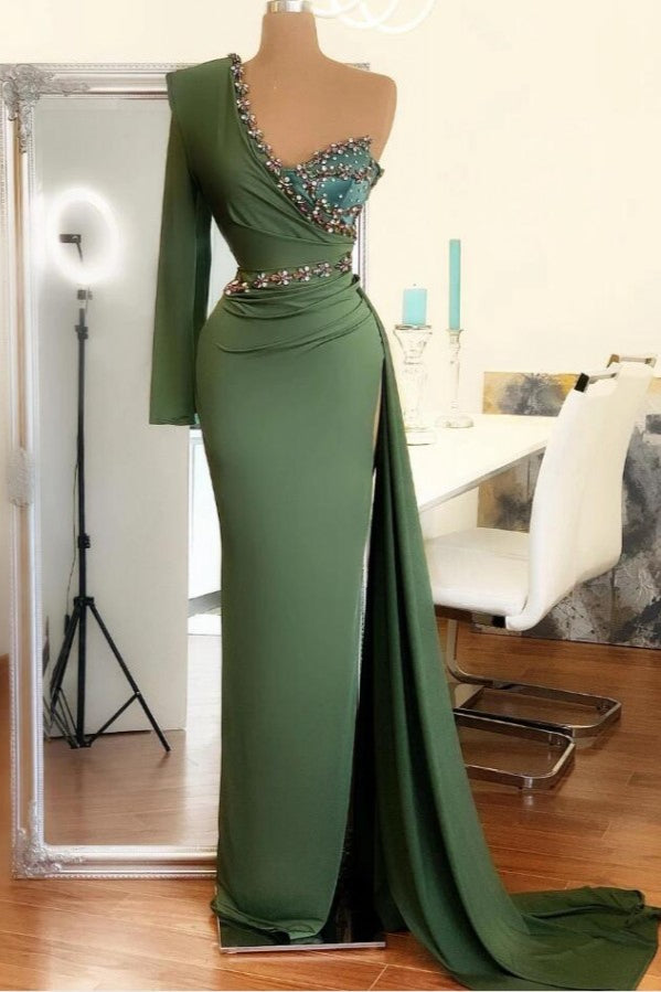 Beaded Green Long Prom Dress One Shoulder With Long Sleeve On One Side-showprettydress
