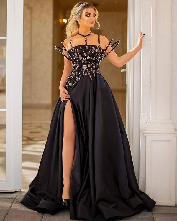 Beaded Moon and Night Black Sparkle Sequin High Split Evening Dress-showprettydress
