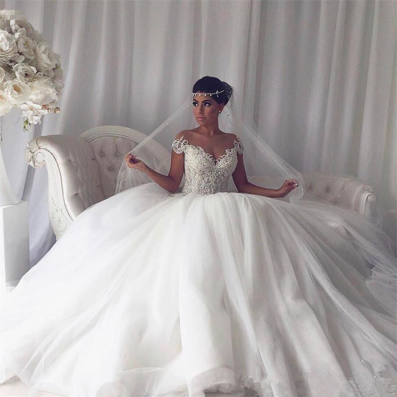 Beads Lace Royal Wedding Dresses Princess Ball Gown Sheer Tulle Modern Bridal Gowns-showprettydress