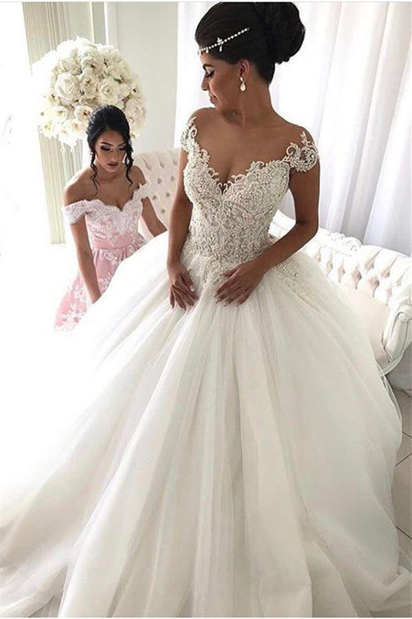 Beads Lace Royal Wedding Dresses Princess Ball Gown Sheer Tulle Modern Bridal Gowns-showprettydress