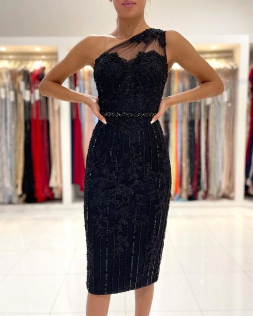 Beautiful Black Short Prom Dress Lace Appliques Online-showprettydress