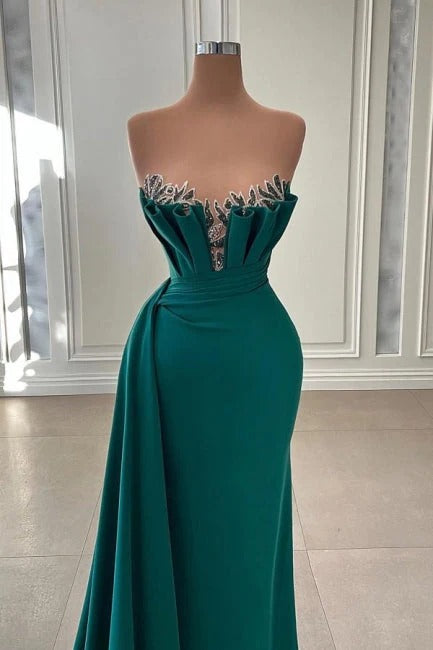 Beautiful Dark Green Long Mermaid Strapless Satin Prom Dresses-showprettydress