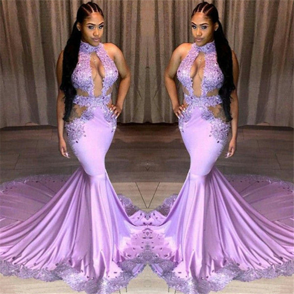 Beautiful Halter Sleeveless Sequins Appliques Lace Mermaid Prom Dresses-showprettydress