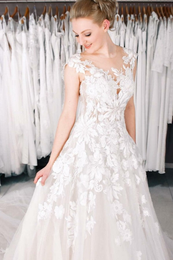 Beautiful Long A-Line Bateau Appliques Lace Pearl Tulle Wedding Dress-showprettydress