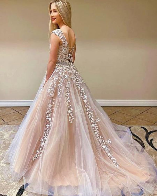 Beautiful Long A-line Lace Prom Dress Tulle Evening Party Gowns with Cap Sleeves-showprettydress