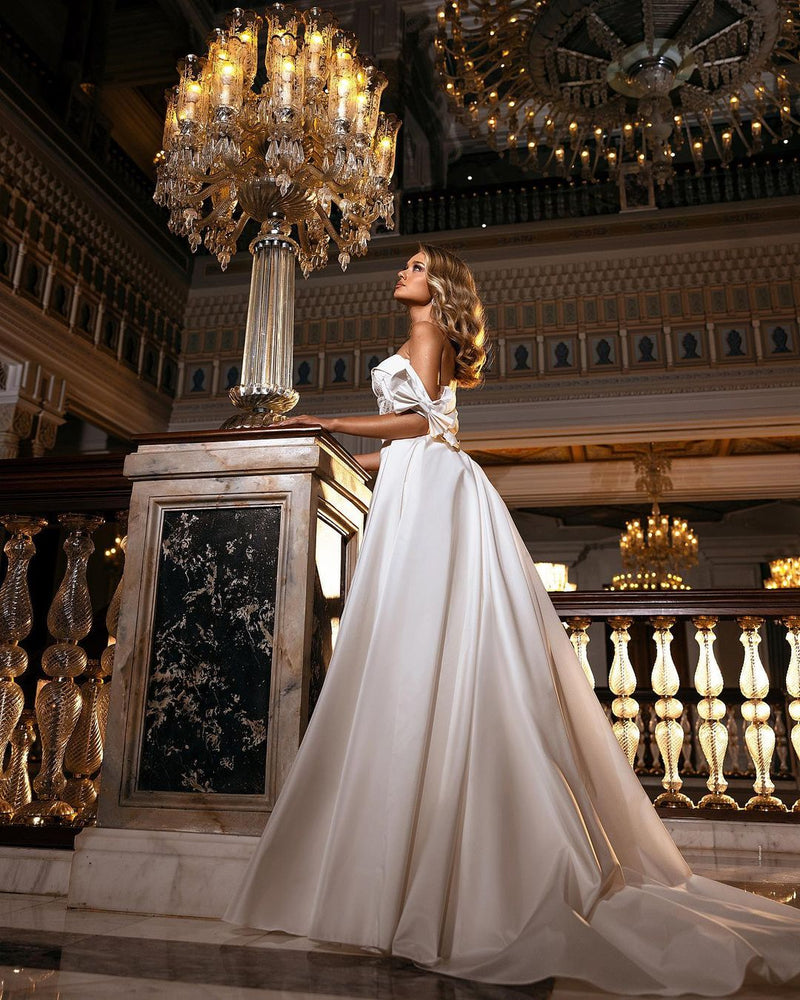 Beautiful Long A-line Off-the-shoulder Sweetheart Appliques Lace Satin Wedding Dress-showprettydress