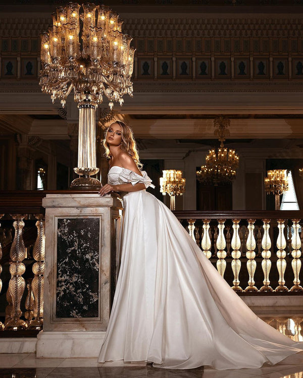 Beautiful Long A-line Off-the-shoulder Sweetheart Appliques Lace Satin Wedding Dress-showprettydress