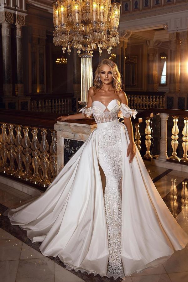 Beautiful Long A-line Off-the-shoulder Sweetheart Appliques Lace Satin Wedding Dress-showprettydress