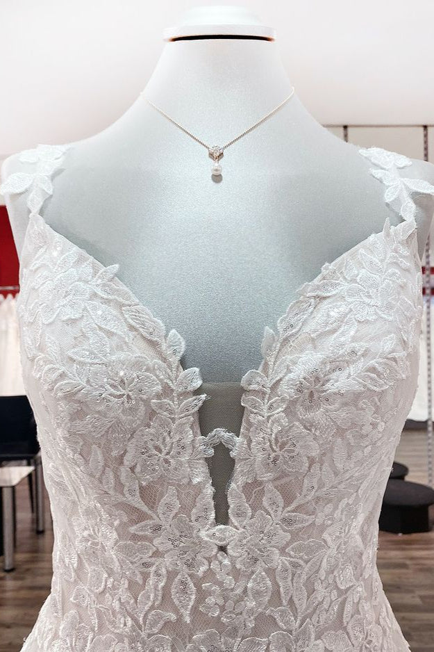 Beautiful Long A-line Tulle Lace V Neck Open Back Wedding Dresses-showprettydress