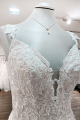 Beautiful Long A-line Tulle Lace V Neck Open Back Wedding Dresses-showprettydress