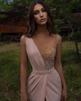 Beautiful Long A-line V-neck Beadings Prom Dress With Split-showprettydress