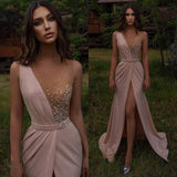 Beautiful Long A-line V-neck Beadings Prom Dress With Split-showprettydress